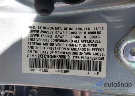 2017 Honda Civic Ex-T z USA, uszkodzony, nr VIN 19XFC1F34HE205610